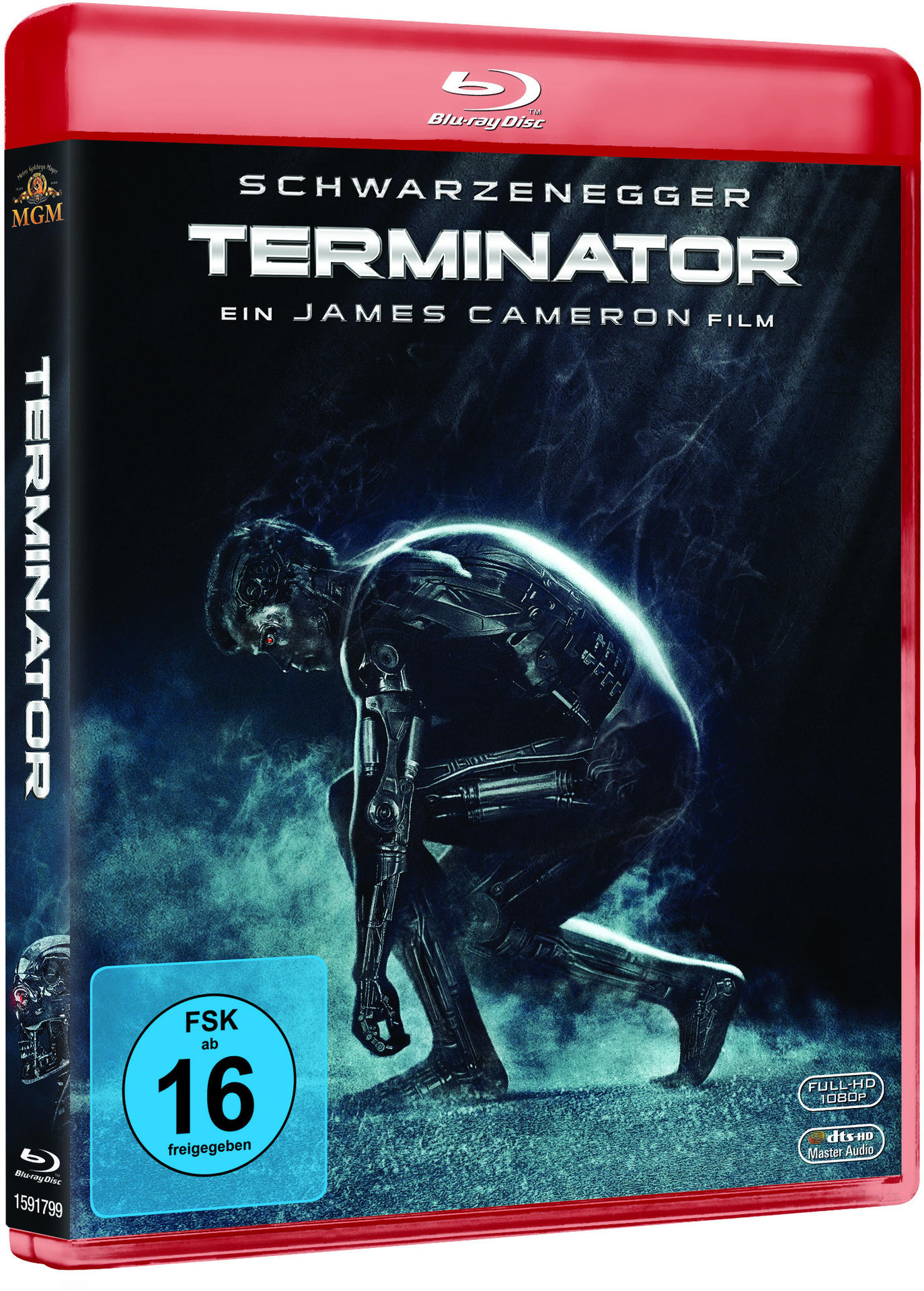 Terminator-Film-Blu-ray-Hülle, zeigt einen Cyborg in dunkler Umgebung. Roter Kasten.