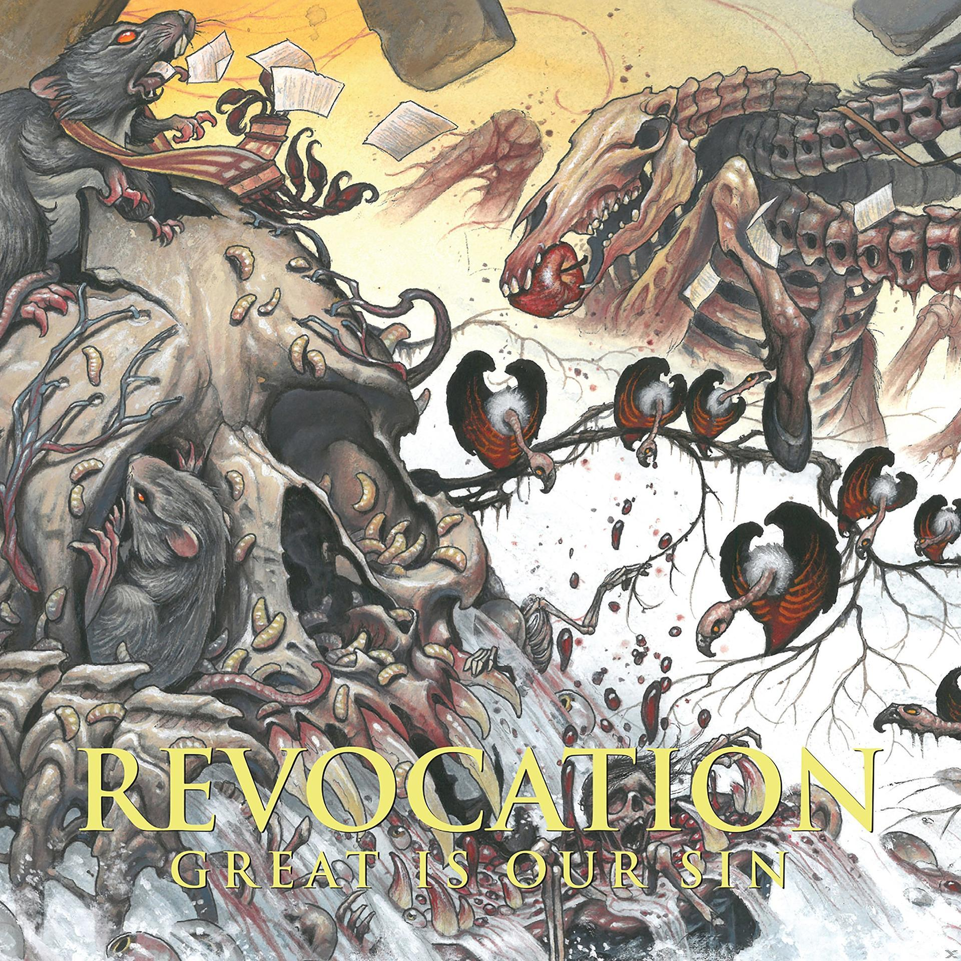 Albumcover mit Schädel, Ratten, Vögeln und Text 'Revocation Great Is Our Sin'.