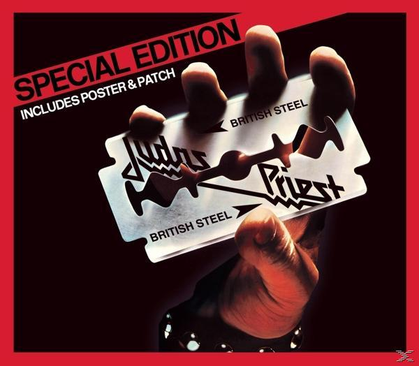 Albumcover von "British Steel" von Judas Priest. Hand hält eine Rasierklinge mit Logo auf rotem Hintergrund.