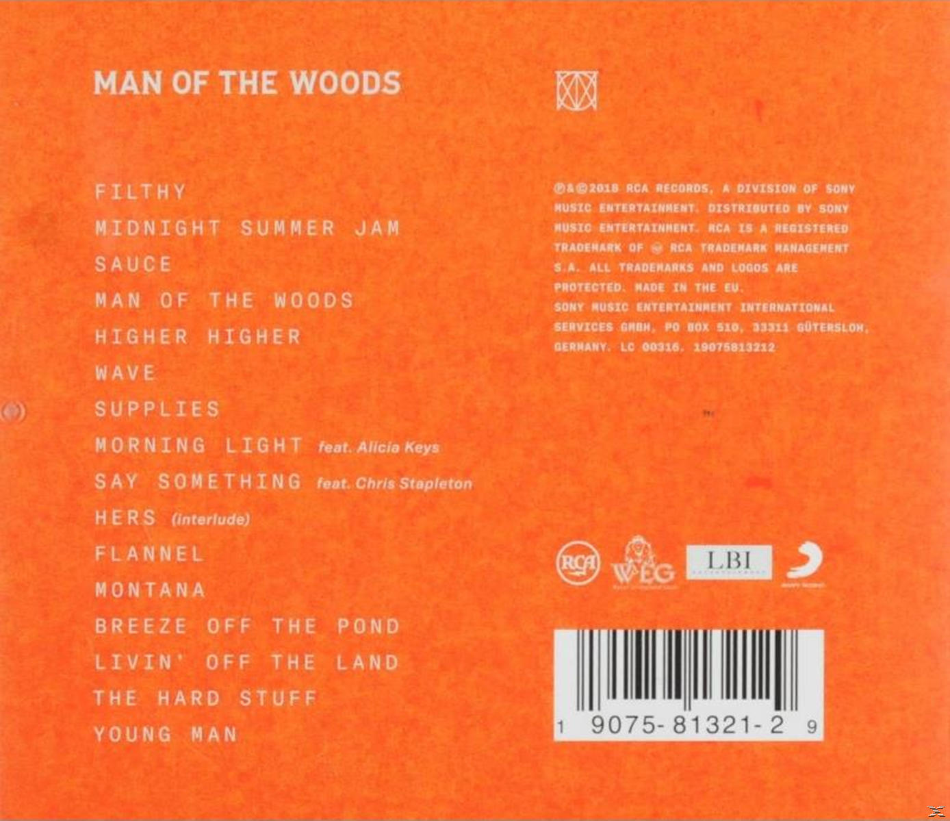 CD-Cover für "Man of the Woods" von Justin Timberlake, orangefarbener Hintergrund, Titelliste.