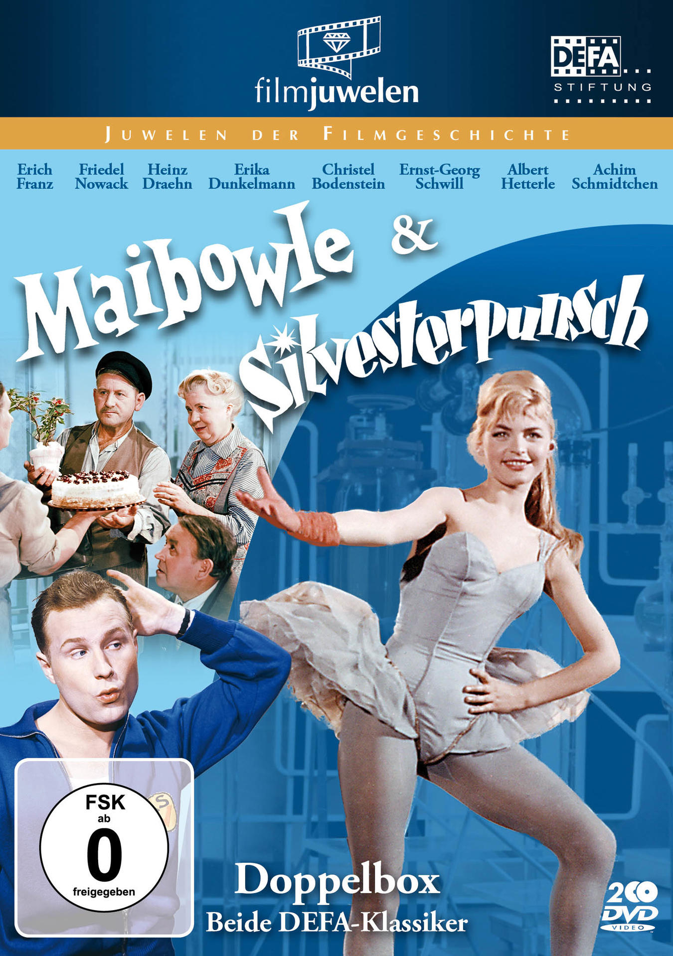 Filmplakat mit Schauspielern, einer Tänzerin und Text auf Deutsch. Titel: Maibowle & Silvesterpunsch.