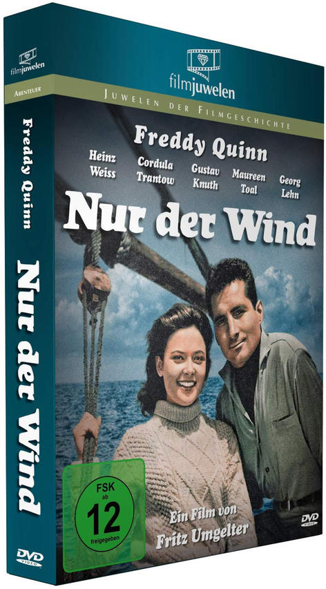 DVD-Box für den Film 'Nur der Wind'. Ein Mann und eine Frau auf einem Boot sind auf dem Cover. Blau und weiß.