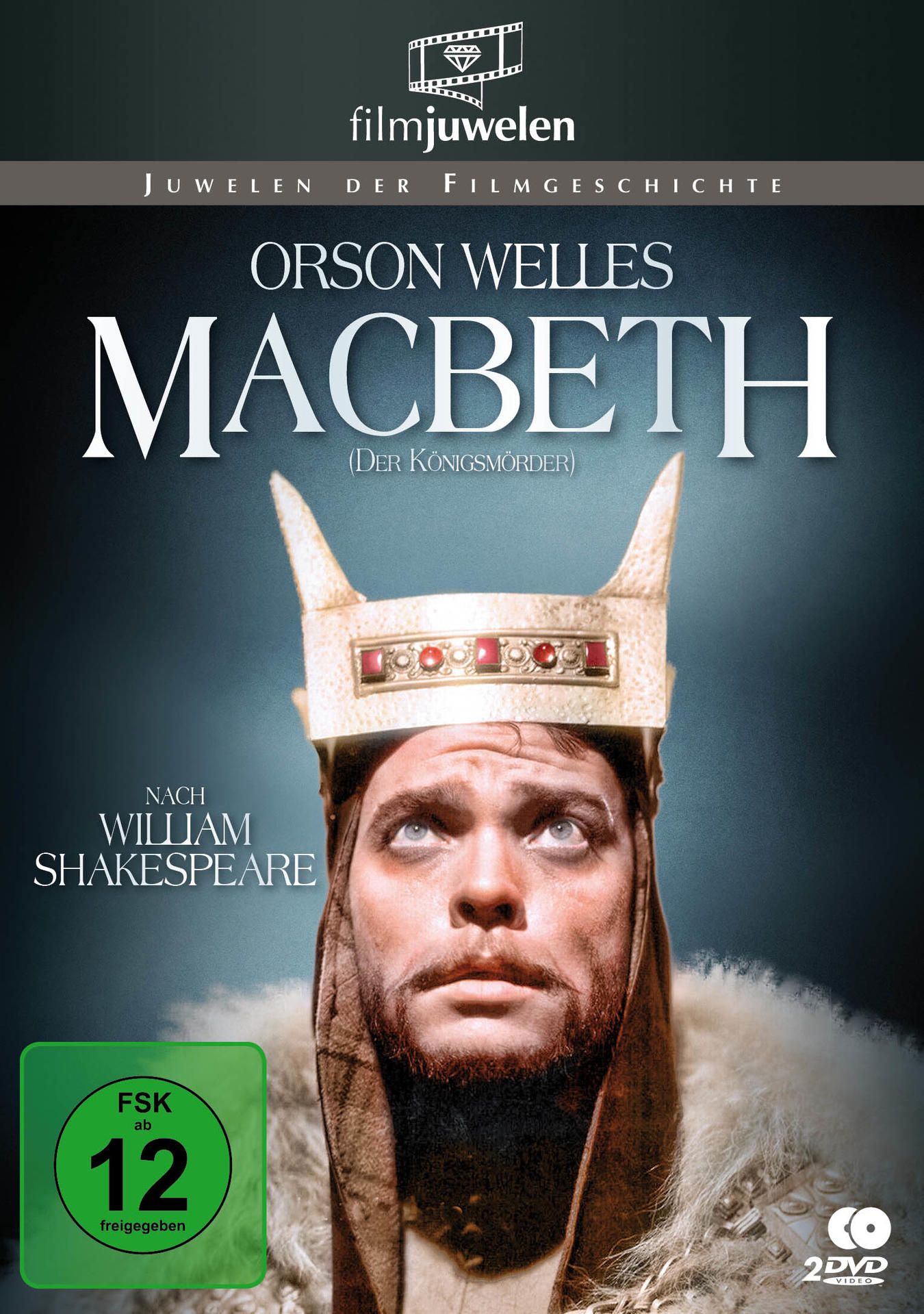Macbeth DVD-Cover mit einem Schauspieler, der einen Krönchen trägt und nach oben schaut.