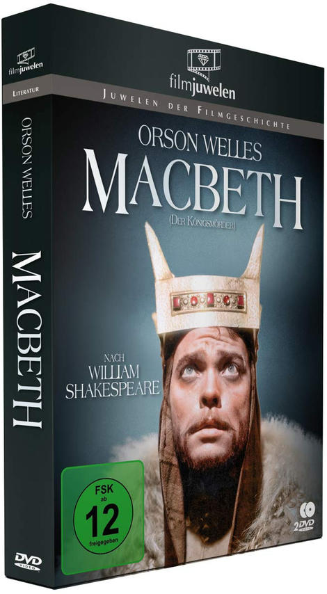 Macbeth DVD-Hülle mit Orson Welles. Der Mann trägt eine Krone und blickt nach oben.