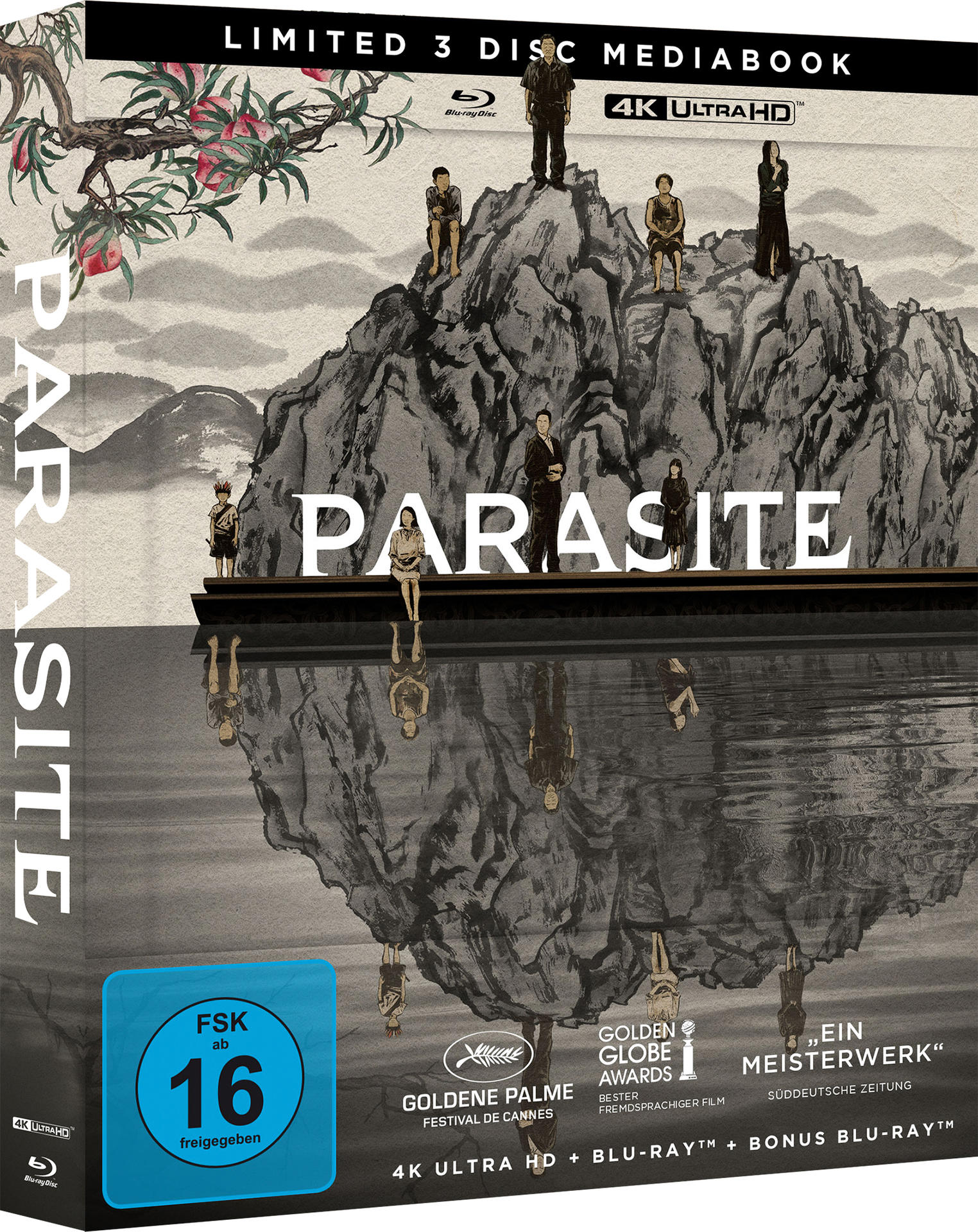 'Parasite' Blu-ray-Box-Set mit einer Berglandschaft und Figuren sowie Filmpreisen.
