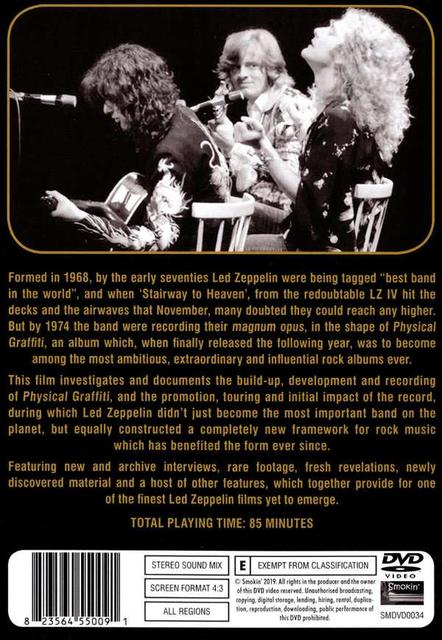 Rückseite der Led Zeppelin DVD, Bandmitglieder auf der Bühne. Text und Infos.