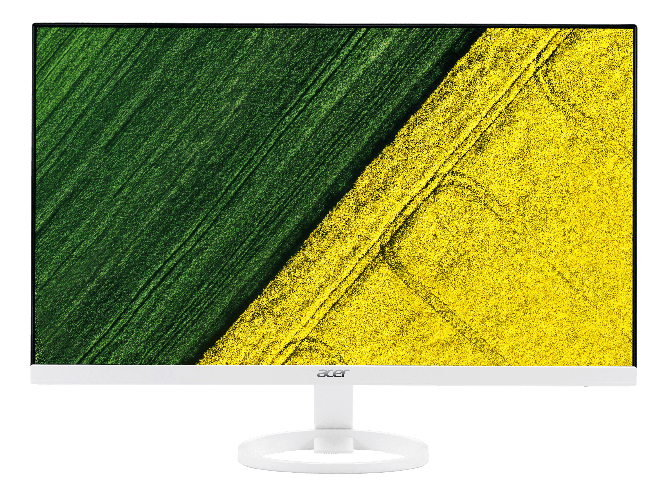 Weißer Acer-Monitor. Auf dem Bildschirm ist ein Feld mit gelben und grünen Feldfrüchten zu sehen. Weißer Ständer auf schwarzem Hintergrund.