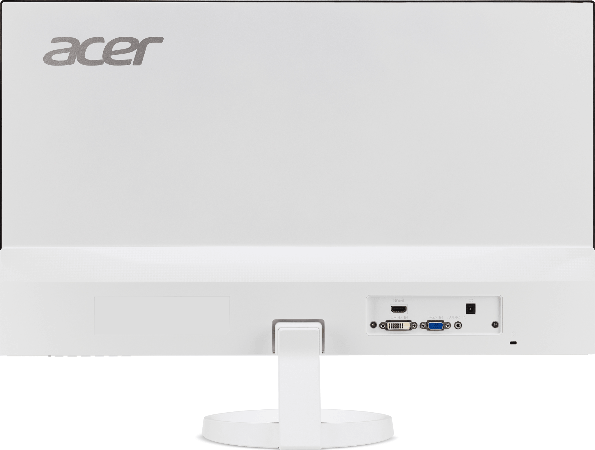 Rückansicht eines weißen Acer-Monitors mit Anschlüssen, darunter HDMI, DVI, VGA und Stromeingang.