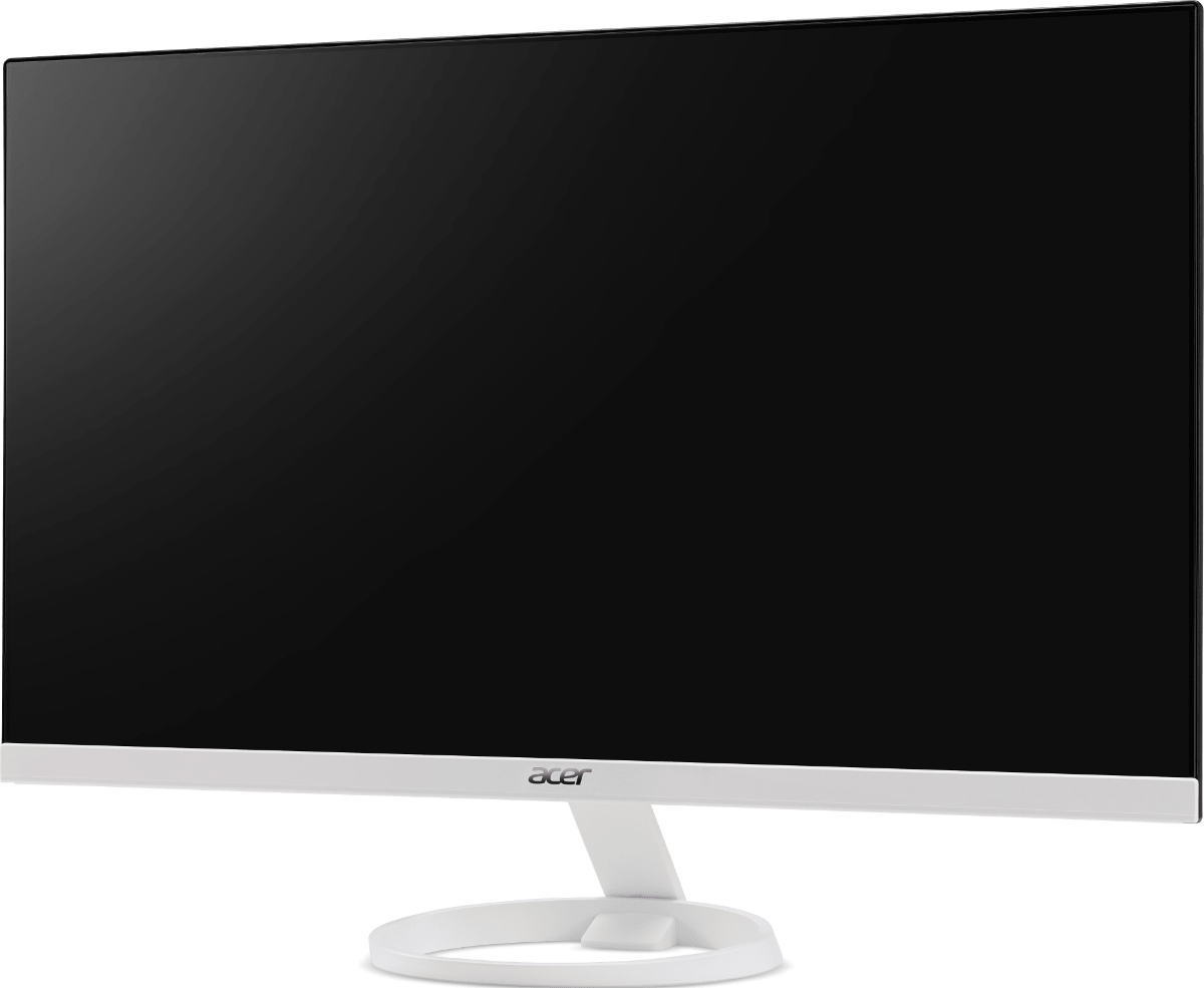 Weißer und silberner Acer Computer-Monitor auf weißem Ständer.