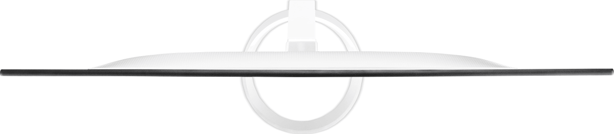 Weißer Computermonitor, Draufsicht, schwarzer Rahmen und kreisförmiges Ständerdesign.