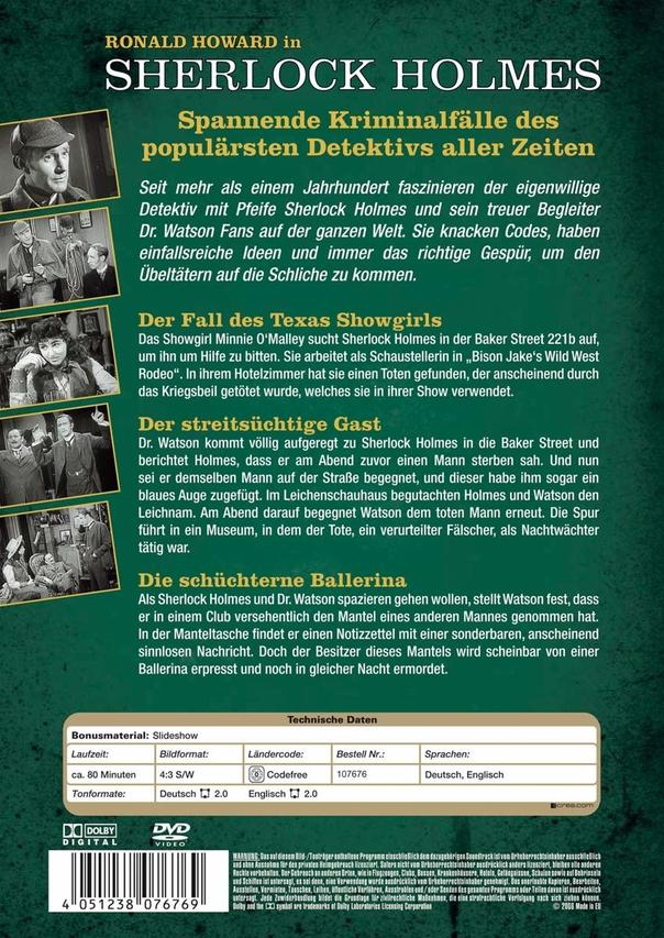 Rückseite einer Sherlock Holmes DVD, mit Text und Bildern zum Film.