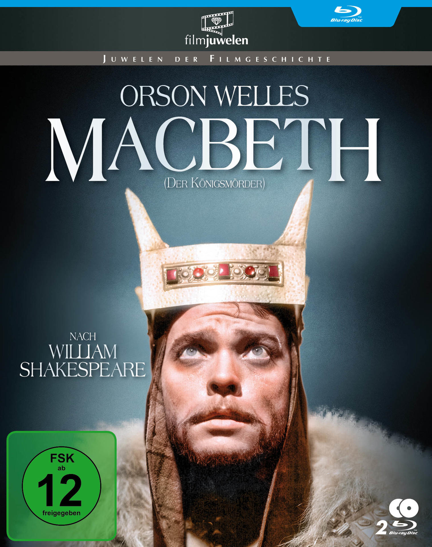 Blu-ray-Hülle mit Orson Welles, ein Mann mit Krone, blickt nach oben. Der Titel ist 'Macbeth'.