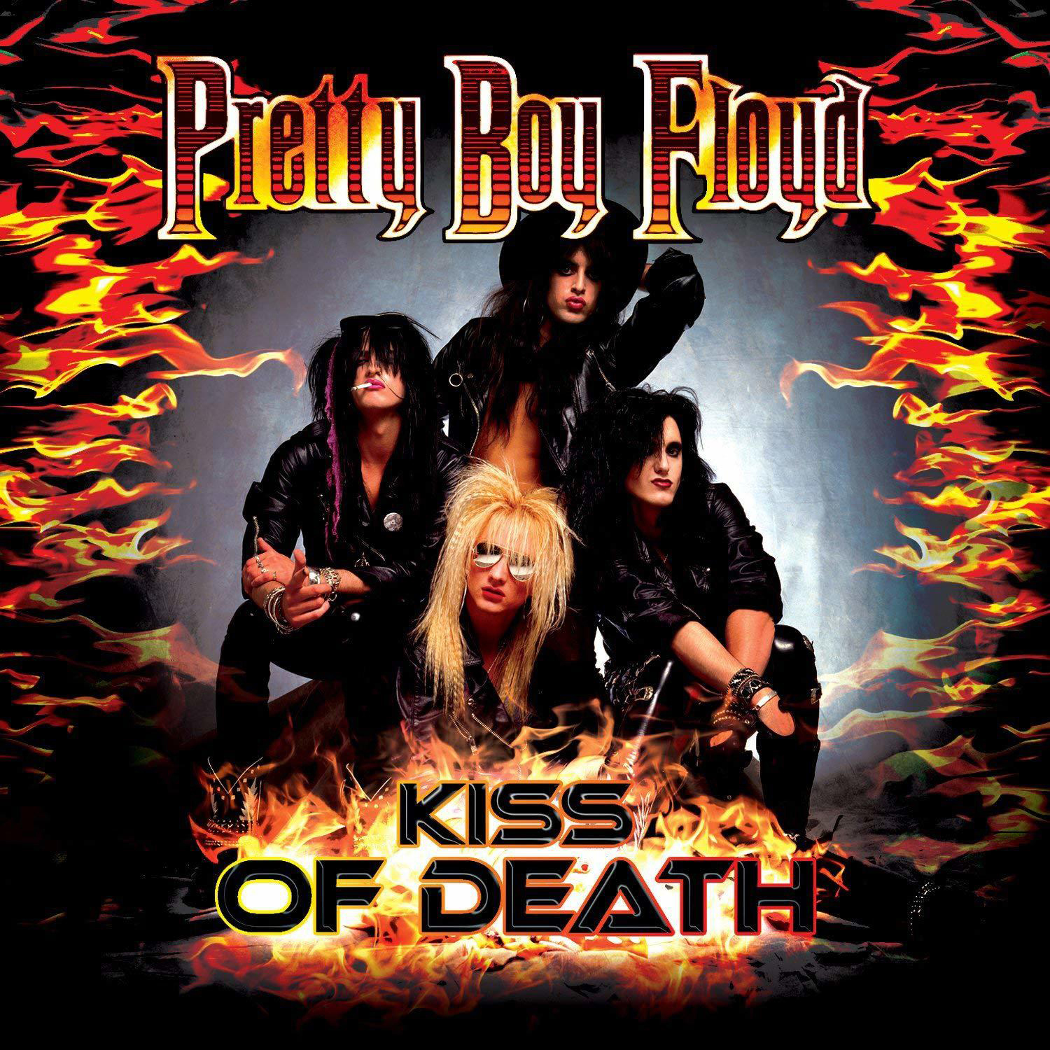 Albumcover mit Mitgliedern der Band Pretty Boy Floyd und Flammen.
