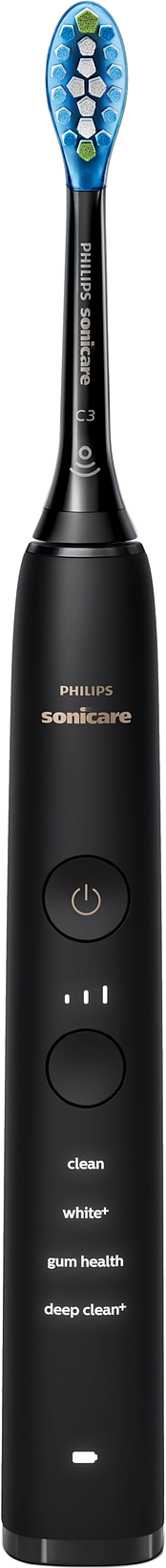 Fekete Philips Sonicare elektromos fogkefe gombokkal és szöveggel.