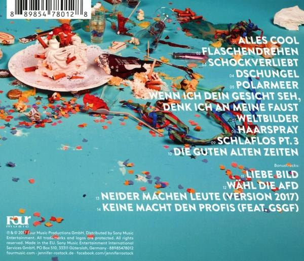 Rückseite einer CD-Hülle mit deutschem Text, Konfetti und Kuchendekorationen.
