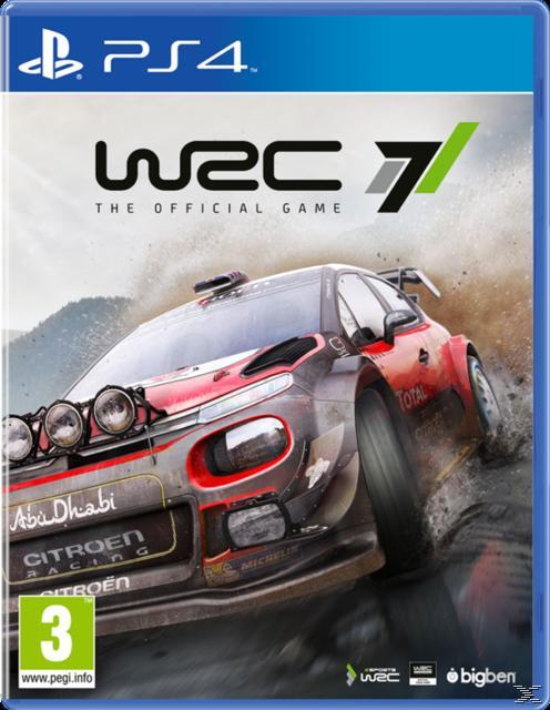 Couverture du jeu PS4 WRC 7 avec une voiture de rallye en action. La couverture est bleue.