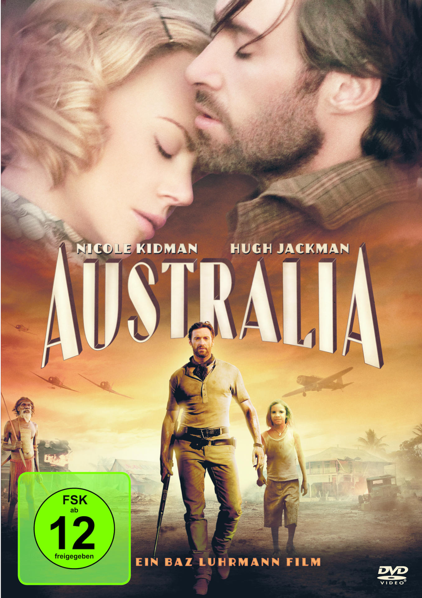DVD-Cover: Nicole Kidman und Hugh Jackman umarmen sich, ein Mann und ein Mädchen im Hintergrund gehen.