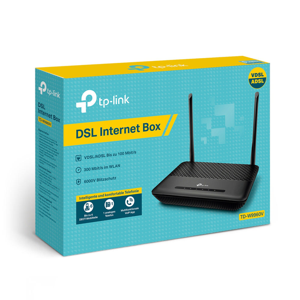 Eine blau-weiße Box mit einem schwarzen Router, Antennen und Text.