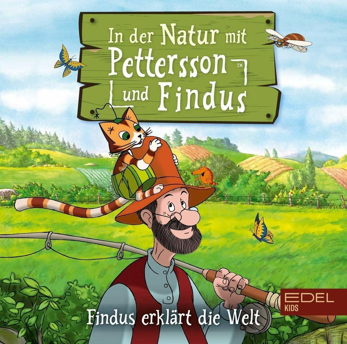 Buchcover: Zeichentrickkatze und Mann beim Angeln. Titel: "In der Natur mit Pettersson und Findus".