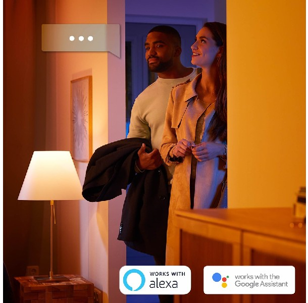 Una pareja está de pie en una puerta. Una lámpara está sobre una mesa a la izquierda. Una burbuja de diálogo flota encima.