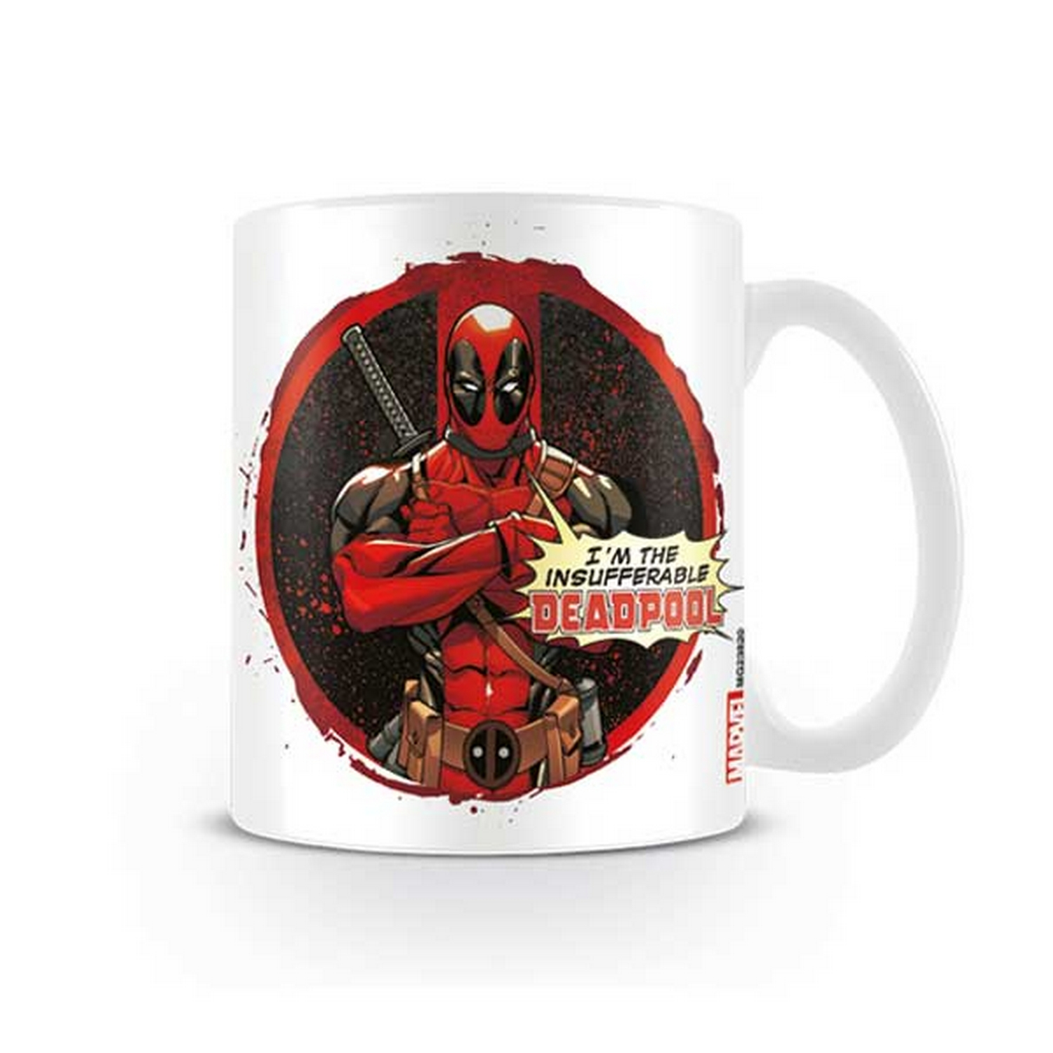 Taza blanca con Deadpool. Deadpool está en un círculo rojo.