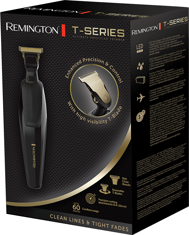 Remington T-sorozatú trimmer doboz. Fekete doboz trimmer képpel.