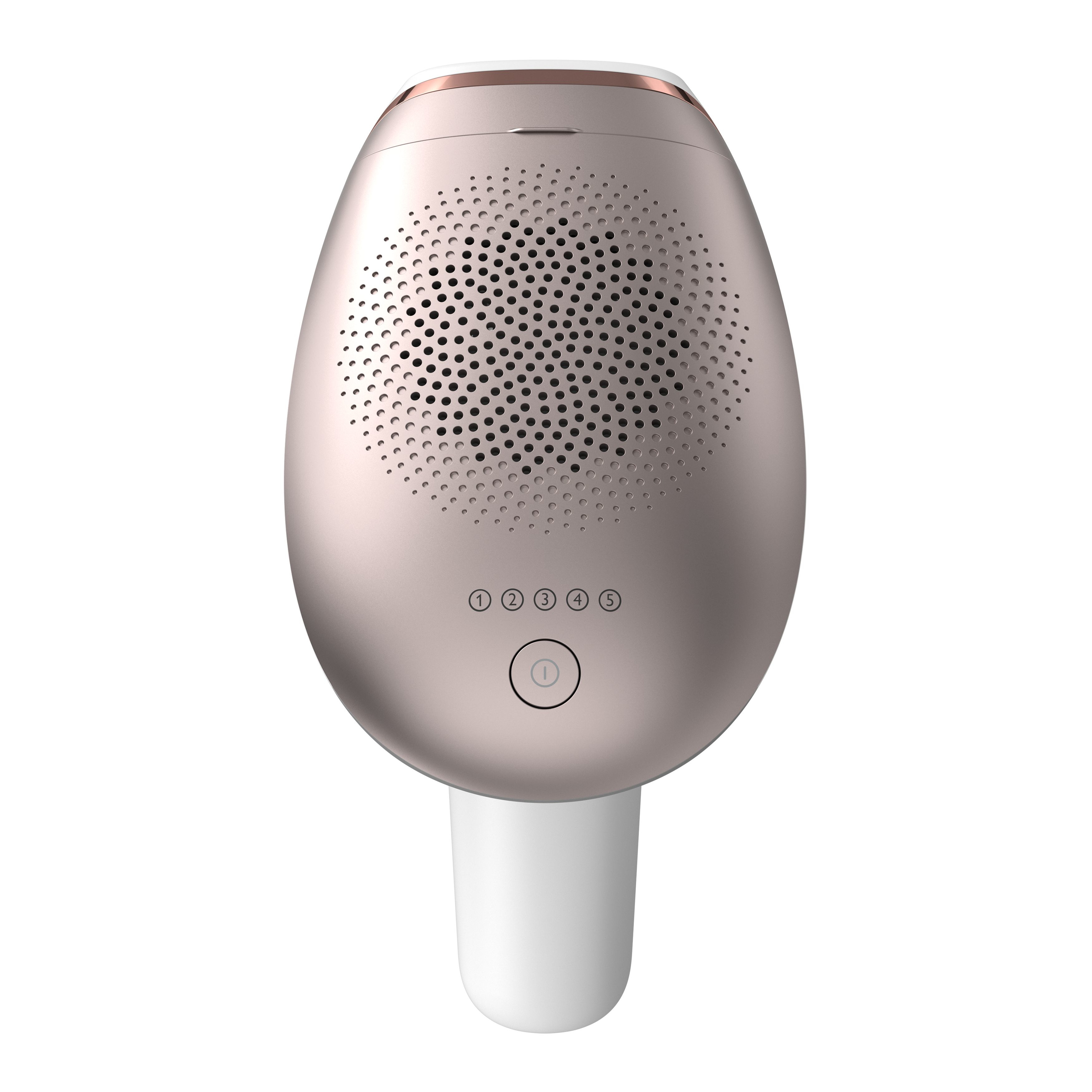 Close-up of a rose gold hair removal device with numbered buttons and an on/off button.