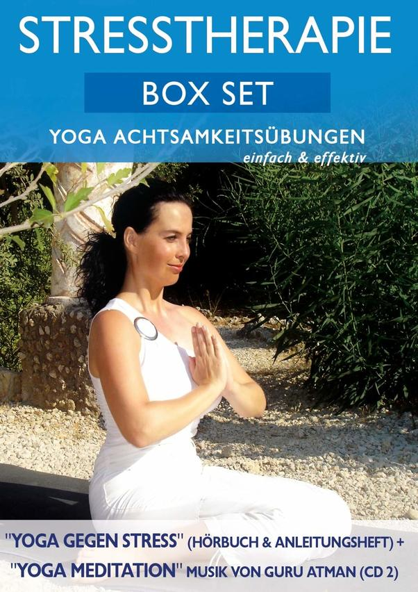 Albumcover mit einer meditierenden Frau. Text lautet 'Stress Therapie' und 'Yoga'.