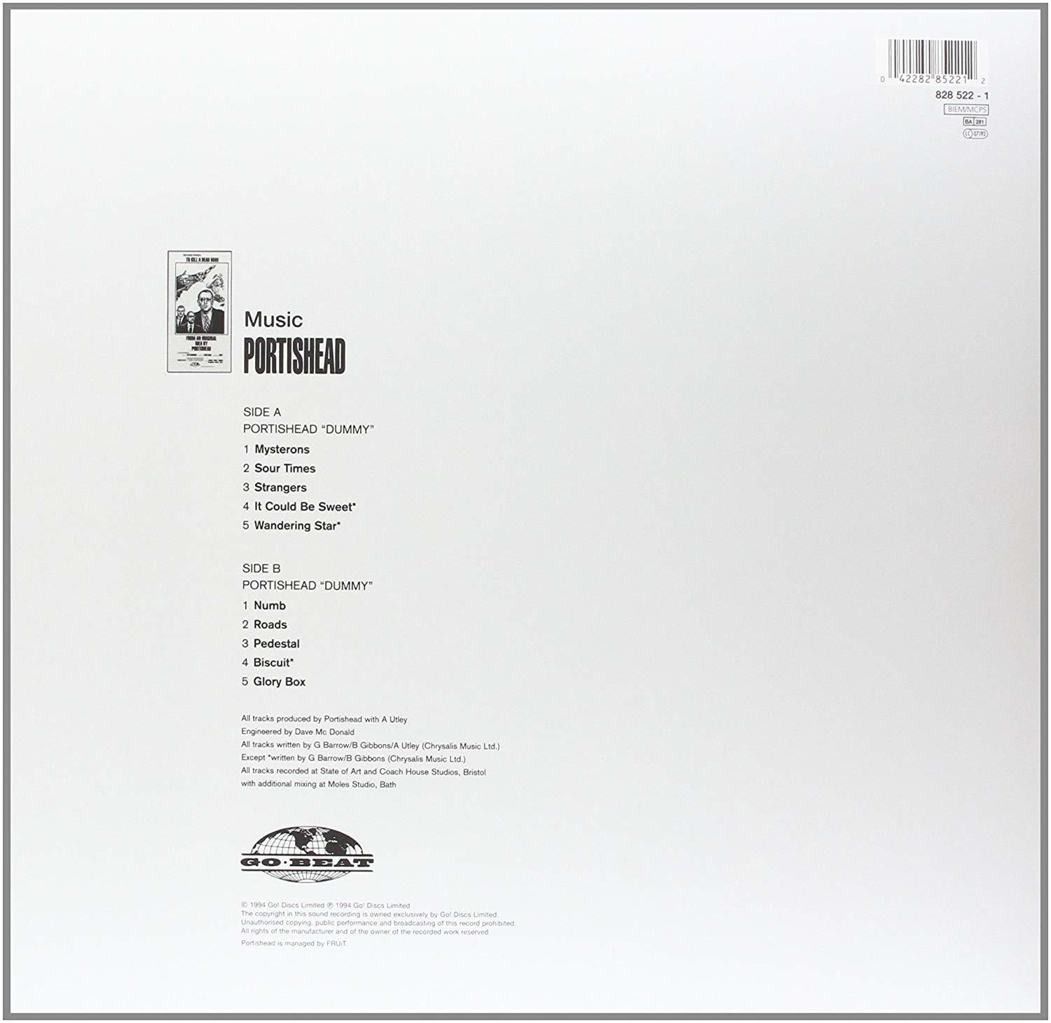Back of a vinyl record with tracklist and album information, black and white.