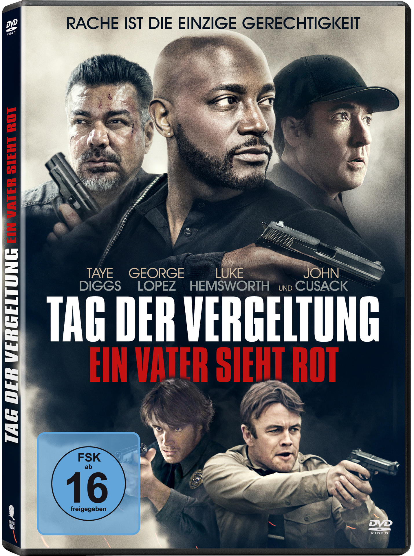 DVD-Hülle mit Schauspielern, die Waffen halten, Actionfilm-Poster.