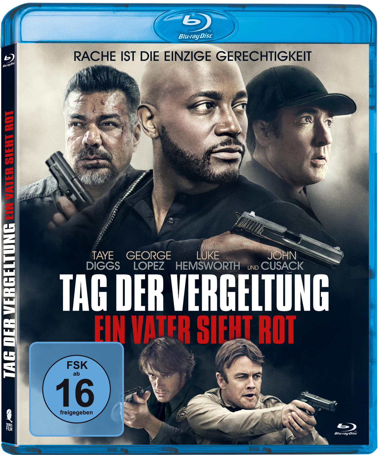 Filmcover mit drei Männern, die Waffen halten, Titel 'Tag Der Vergeltung' und Schauspielernamen. Blu-ray Disc Logo.