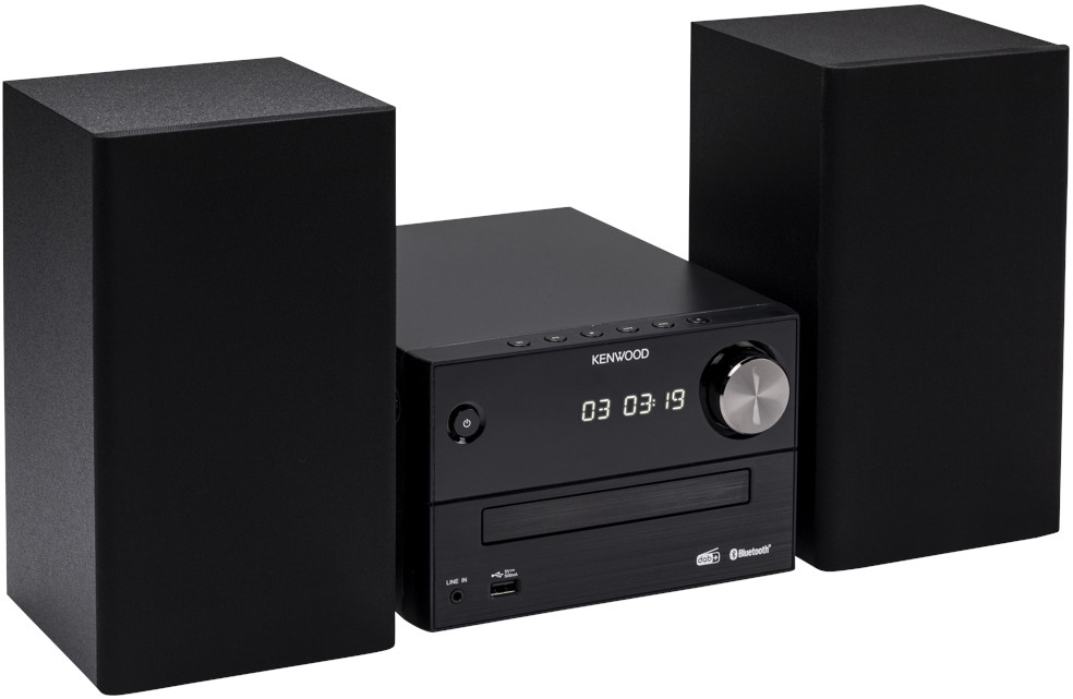 Système audio Kenwood noir avec deux haut-parleurs.
