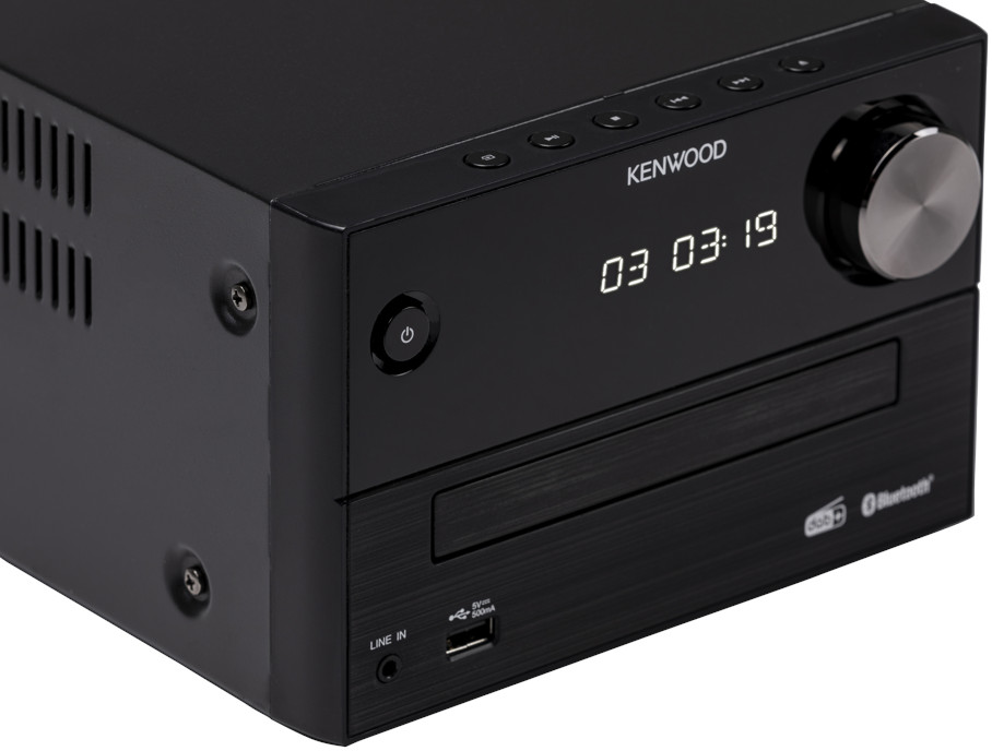 Une chaîne stéréo Kenwood noire avec un affichage numérique indiquant l'heure et des boutons.