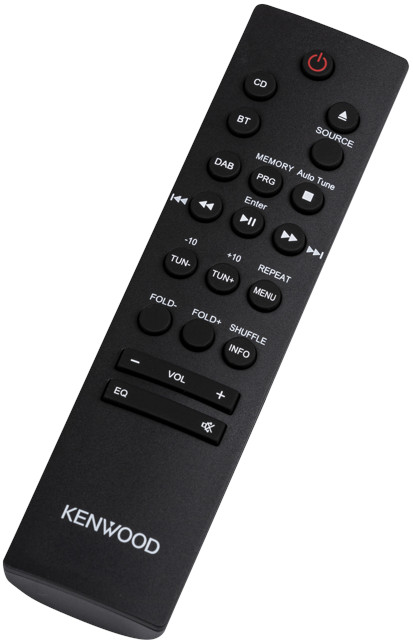 Télécommande Kenwood noire. Plusieurs boutons pour CD, BT, DAB et volume, agencement facile d'utilisation.