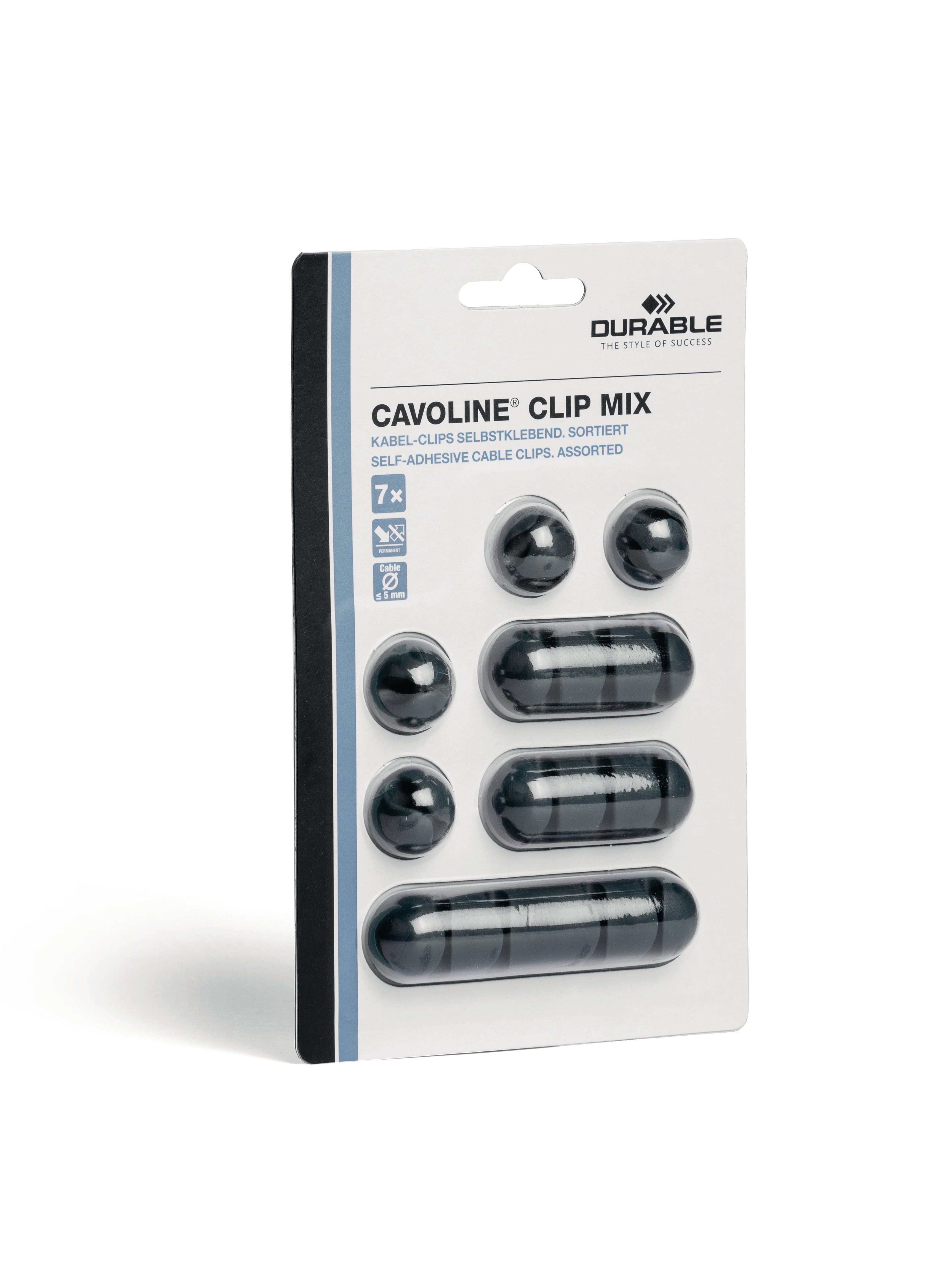 Kabelclips-Paket. Die Clips sind schwarz und oval geformt. Weißer Hintergrund.