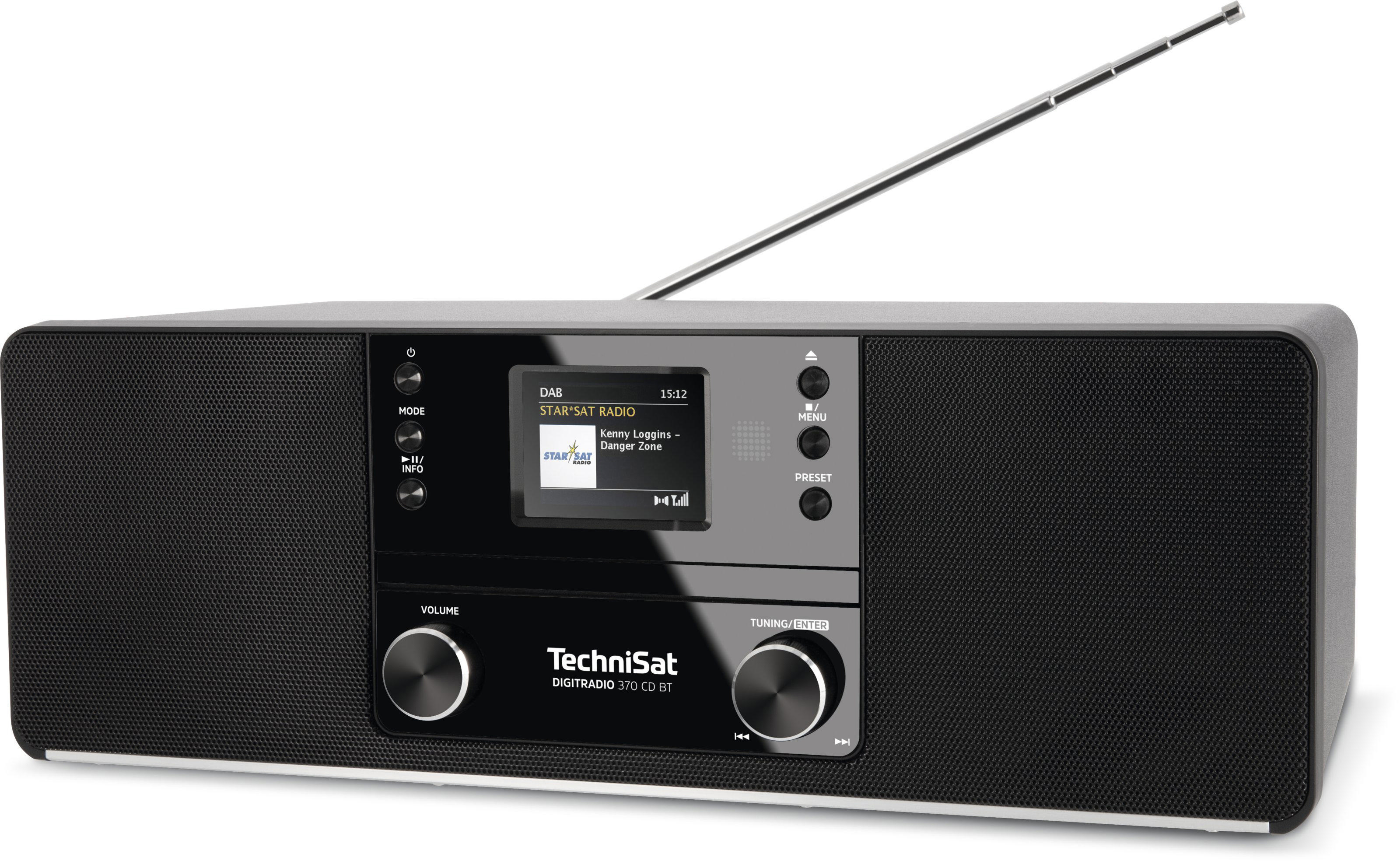 Schwarzes TechniSat-Radio mit Bildschirm, Knöpfen und Antenne. Es steht auf weißem Hintergrund.