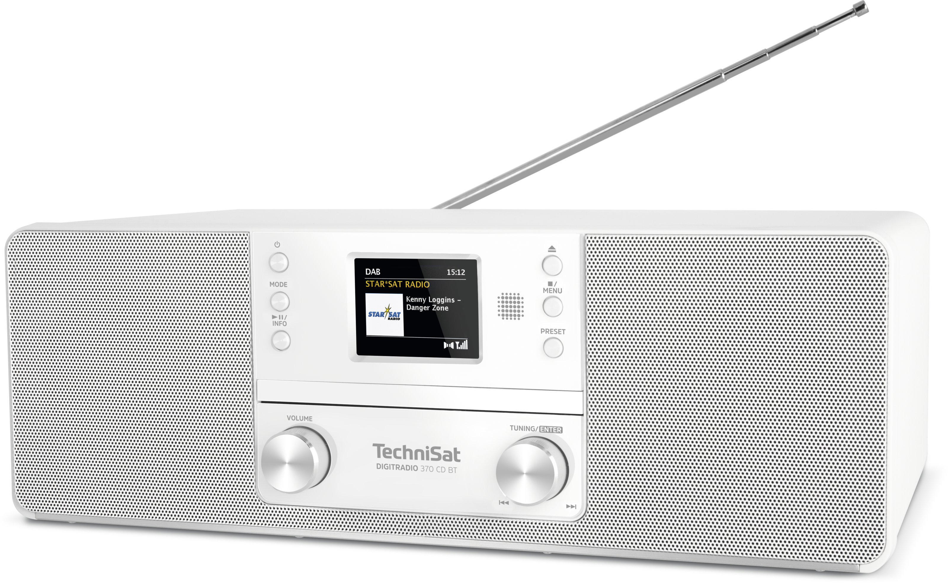 Weißes Radio mit Bildschirm, der Text anzeigt, und langer Antenne.