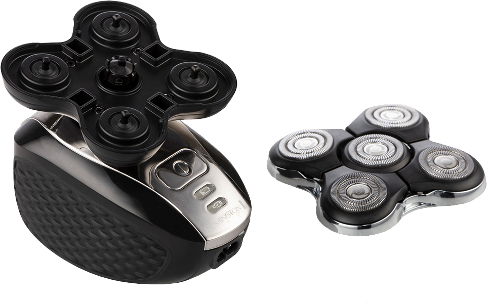 Elektromos borotva levehető fejekkel, bemutatva a belső pengéket.
