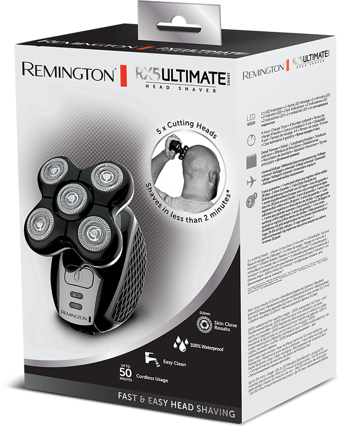 Remington RX5 Ultimate fejborotva doboza. Egy férfi borotválja a fejét. A termék leírása a dobozon.
