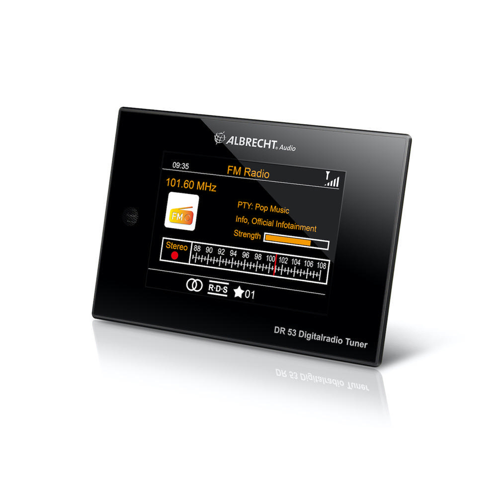 Digitalradio-Bildschirm mit FM-Radio-Informationen. Zeigt Frequenz und RDS-Daten.