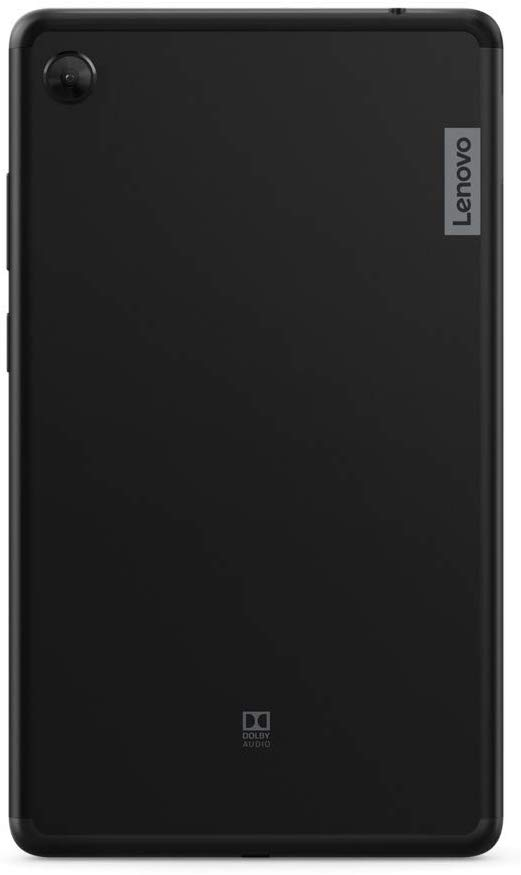 La parte trasera de una tableta Lenovo negra con una cámara y el logotipo de Dolby Audio.