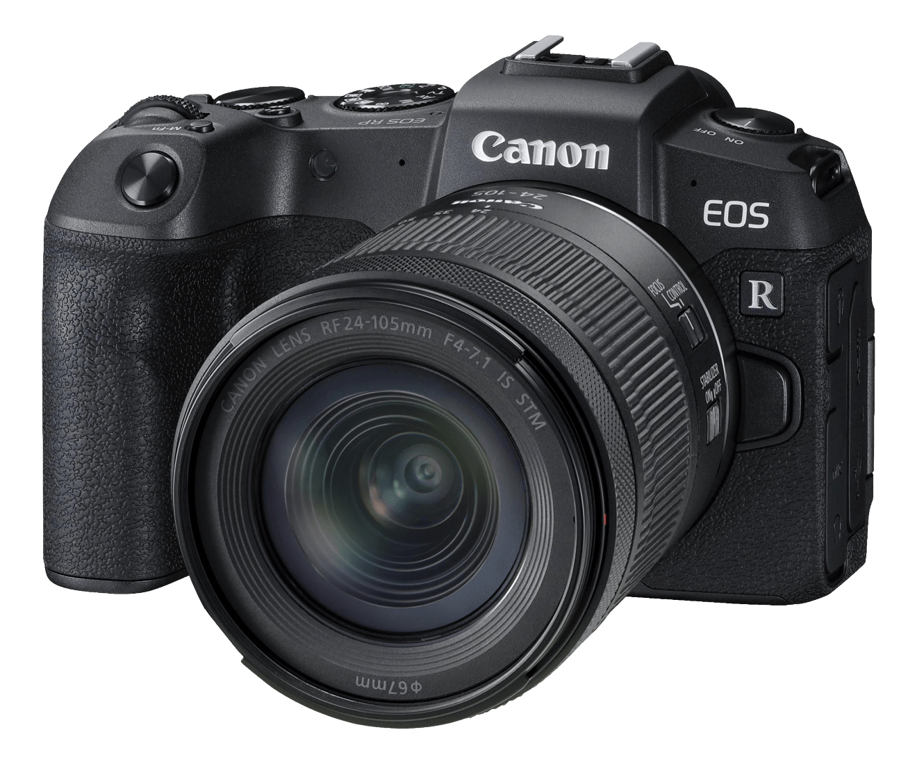 Fotocamera Canon EOS R nera con obiettivo montato, vista angolata.