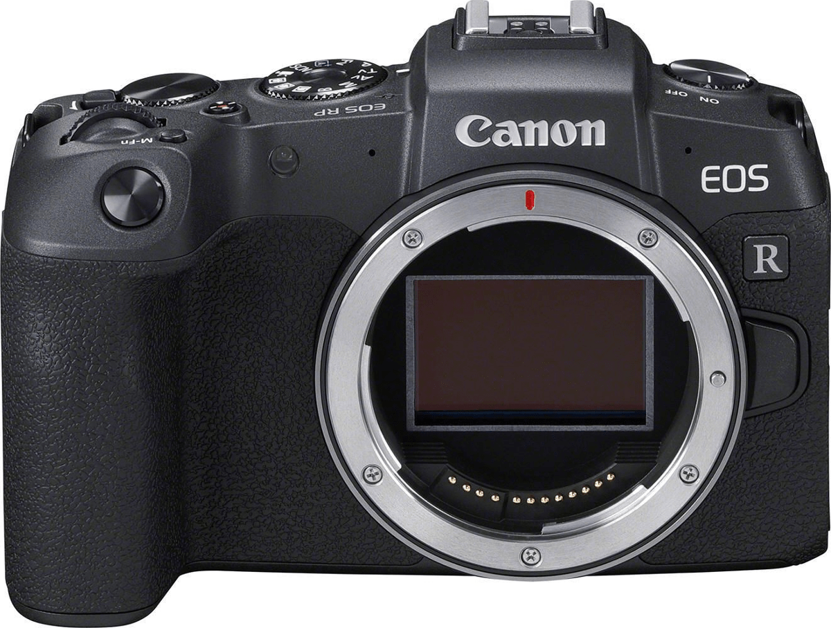 Una fotocamera Canon EOS R con un obiettivo montato, su sfondo nero.