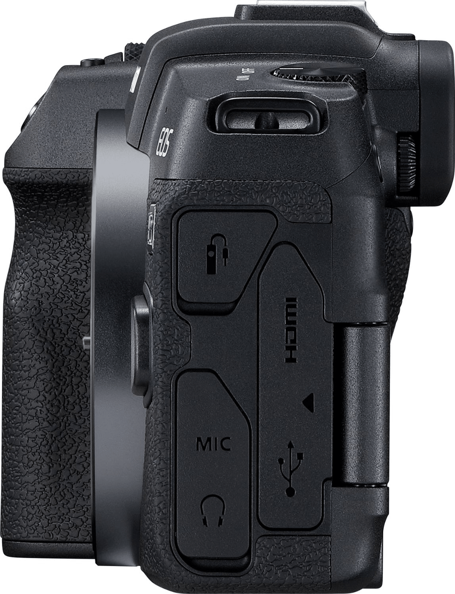Fotocamera Canon EOS, vista laterale, con pulsanti e porte visibili.