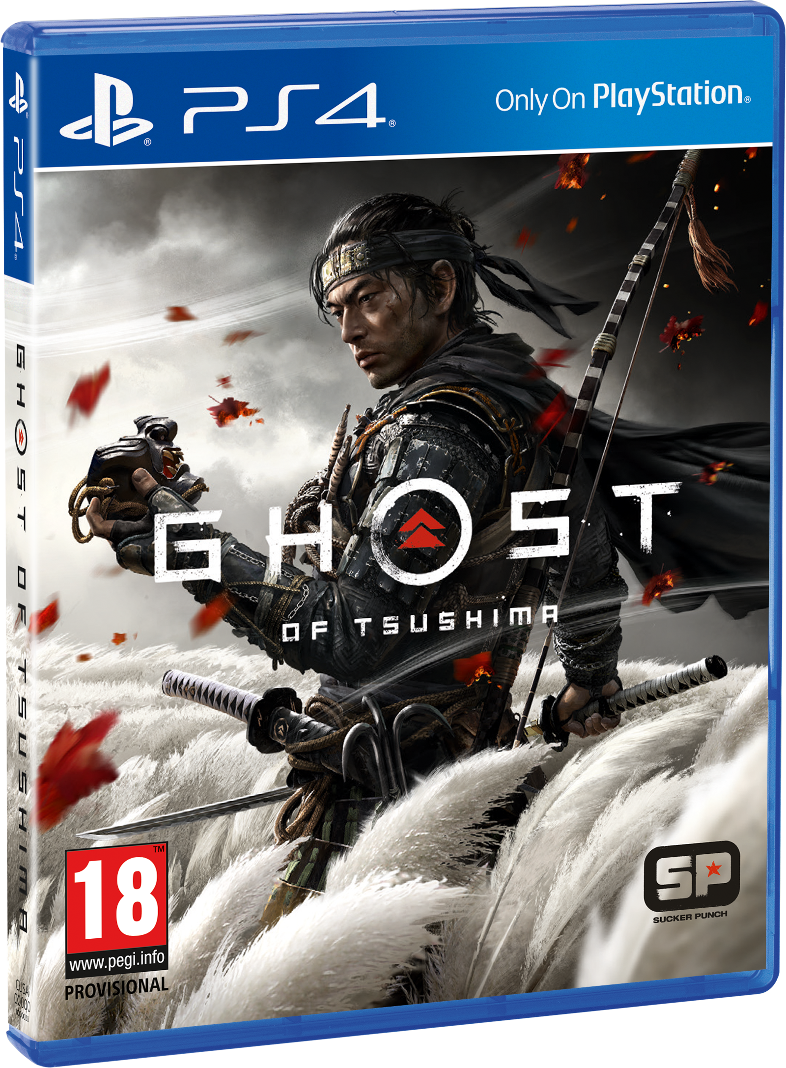 PS4-Spielcover für Ghost of Tsushima. Ein Mann mit Schwert ist vorne. Der Hintergrund ist weiß.