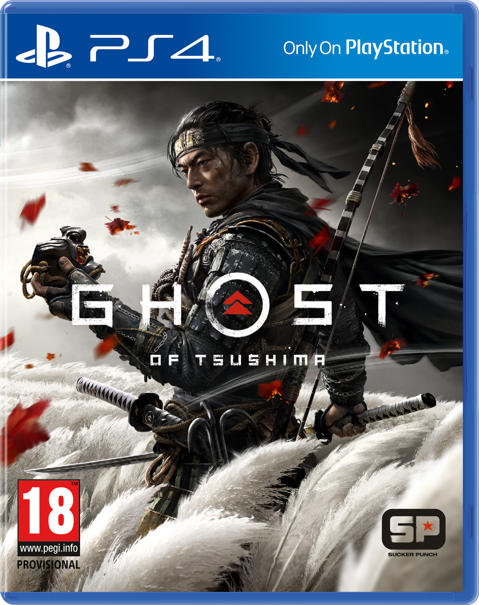 PS4-Spiel-Cover: 'Ghost of Tsushima'. Ein Krieger in Rüstung mit Bogen, Schnee-Hintergrund.