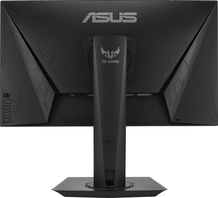 Rückseite eines schwarzen ASUS-Monitors, mit ASUS-Logo und TUF GAMING-Logo.