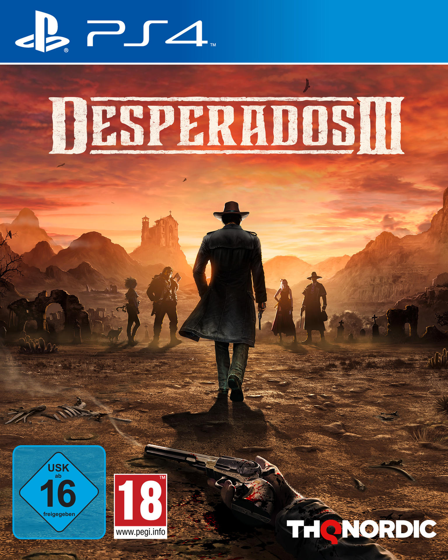 Desperados III PS4-Spielcover. Ein Mann in einem Mantel geht auf die untergehende Sonne zu.