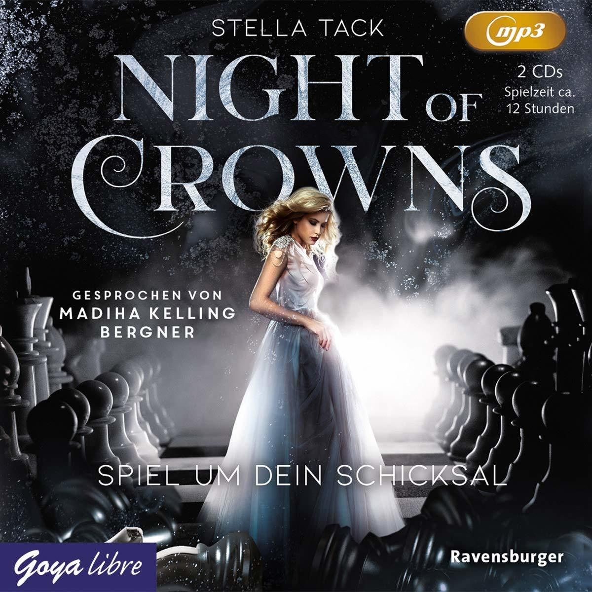 Buchcover mit einer Frau im Kleid und einem Schachbrett, mit dem Titel Night of Crowns.