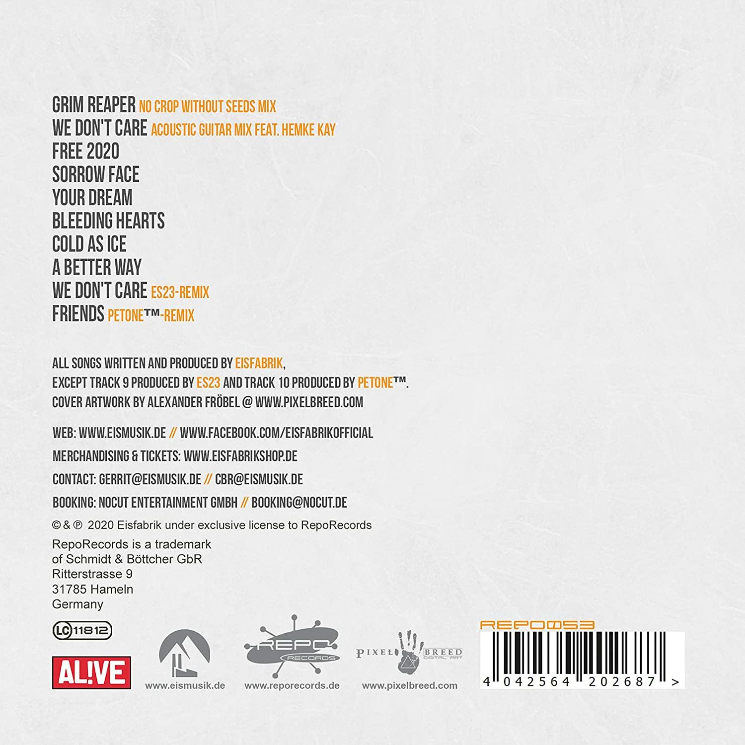 Albumcover mit Songtiteln und Credits; mehrere Logos unten.